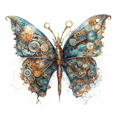 dimetric watercolor illumination of a steampunk butterfly, high quality, intricate design, clipart, victorian, retro, mecha, starry, fantasy white background no text, isolated on white, ghibli style, award winning