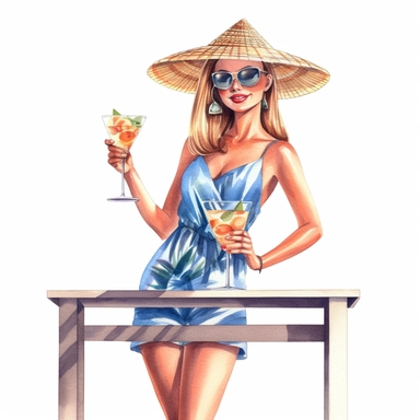 watercolour lady in swim up bar holding a cocktail hd clipart white background