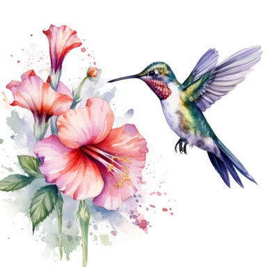 watercolor hummingbird getting nectar from a flower. White background. Clipart