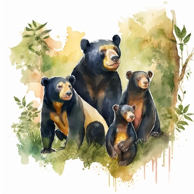 watercolor clipart a family of Sun Bears in their natural habitat Found in Southeast Asia, including parts of Thailand, Malaysia, and Indonesia, in forested habitats digital illustration, 8k, hd 1:3 v5