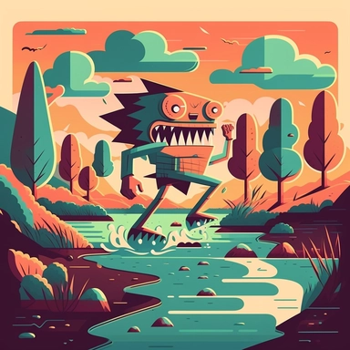 monster running，Stunning Anime Riverine landscape painting, in the style of Paul Klee and Atey Ghailan, Beksinki，Feet wearing hoka running shoes, flat design,illustration, cartoon, vector, sharp focus, super detailed, illustration, 16:9, v4, q2, 16k, High quality, clipart