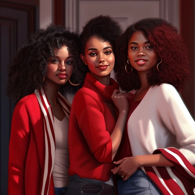 3 gorgeous african american women who are friends who are around 22 years old, preppy style dressed colors of deep red and white, with long curly black hair,digital art, 4k, hyper realastic, finely detailed, clipart, digital art,Use up the entire screen