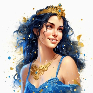 beautiful greek goddess with black hair and freckles, ancient greek hairstyle ancient greek era clothing, beatiful smile, realistic inverted portrait white background, high quality, hyper-realistic,blue and gold colors,zodiac theme,celestial,greek goddess clipart,glow,magical, fantasy art style,sparkle,bokeh,beautiful,ethereal,dreamy