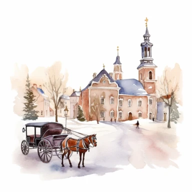 A watercolor painting of a snowy town with a church and a horse-drawn carriage, Watercolor clipart, isolated on white background
