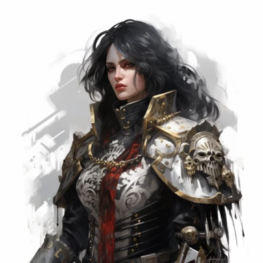 beautiful ADEPTA SORORITAS warhammer 40k fantasy character, dark hair, paint art style, clipart, white background, superrealistic, one of a kind