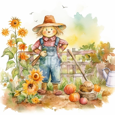 watercolour small garden with a cute scarecrow, clipart on white background, no watermark, highly detailed, professional color gradation, clean sharpness