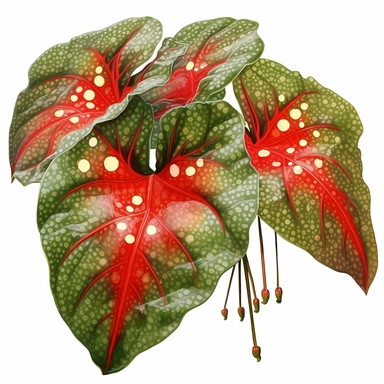 Clipart, Polka Dot Begonia's, tropical plant from Brazil, with large angel wing shaped leaves, in a vibrant olive green color, deep red undersides and polka dot finishes on top. It has silver spots on its surface and a crimson reddish underside