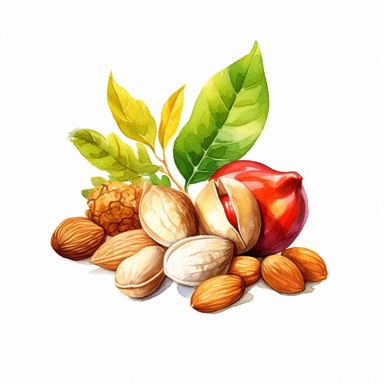 picturesque, simple, bright, the best simple almond, cashew nut, pistachio, peanut, macadamia nut, in the world, clipart on white background, watercolor, painted by Beatrix Potter, 8k,
