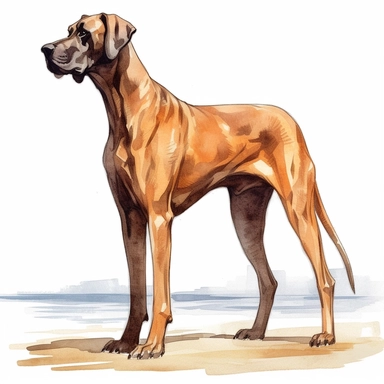 side view realistic high detailed, Hand drawn watercolor clipart of brown Great Dane just like scooby doo, on a beach, on a pure white background for background removal