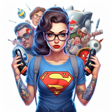 beautiful pretty gamer girl, pin up style, cute angry face, with headphones, makeup and hair 50's style, Superman tshirt, showing shoulders, tattoed arms,glasses, holding Lucille baseball bat,with money in her hand, dark hair, paint art style, different poses, different haircolor, detail, clipart, white background, superrealistic, one of a kind