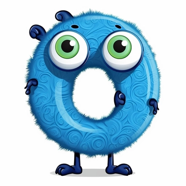 clipart style blue letter O with black line, with arms, legs and friendly cute face for children, isolated, white background,