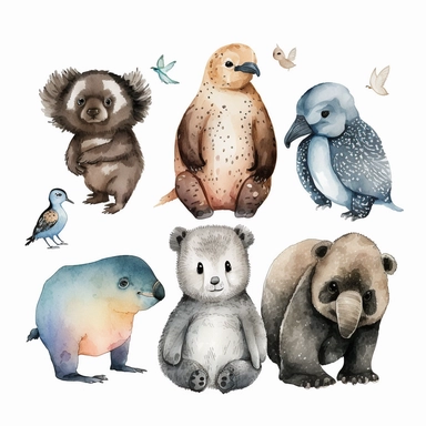 A group of cute, straight out of a kiddie watercolor clipart, sits against a pristine white background with delicate margins. These animals are small in body, but their big, curious eyes are what truly sets them apart. Each of them is unique, with different shapes and colors, but they all share a mischievous twinkle in their gaze. The illustrations are reminiscent of Zdeněk Miler's + Miriam Koch's famous 2D style, capturing both the cuteness and cuddliness of these creatures in perfect harmony. 