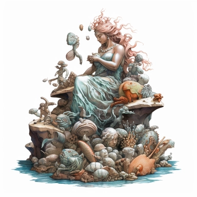 A clipart of a sunken statue of an ancient sea goddess, covered in coral and being cleaned by a busy group of hermit crabs, all on a white background.