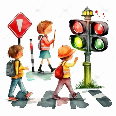 crosswalk guard elements clipart,Stop sign ,Whistle ,Hand signals,Cone ,Clipboard ,Hat,Walkie-talkie,Backpack ,Safety lights ,Training materials,school crosswalk ,crosswalk sign,2d cartoon illustration watercolor ,white background