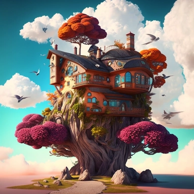 Beautiful 3 floors fantasy house, Oriental Fantasy Clipart, oil colour, super realistic, surrounded with colourfull trees, birds and white puffy clouds, pixar style, cartoon style, 8k, clipart