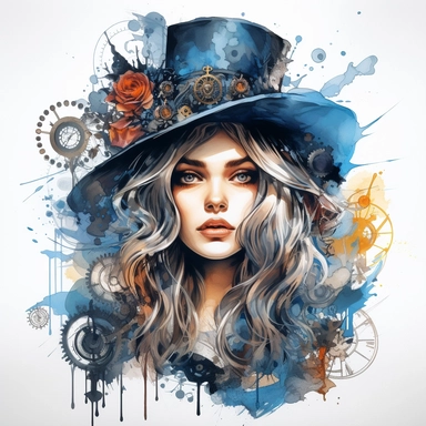 clipart white background paint a mesmerizing steampunk witch with delicate watercolor hat and an elaborate headdress adorned with clock hands and gears
