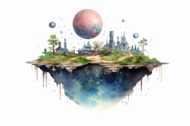 Watercolor, Design a planet with floating islands that are home to a harmonious, telepathic society clipart, hd, on a white background, spaced out
