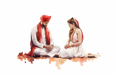 Watercolor punjabi groom and bride in white and red big dress sitting on the ground and praying during wedding ceremony clipart illustration on white background