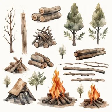 Watercolor collection clipart fire campfire neutral colors on white background