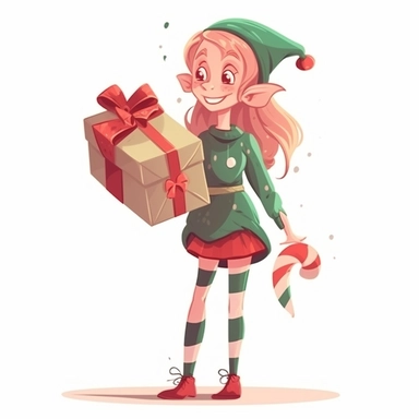 cute girly dressed as a christmas elf holding a large gift box. Cartoon clipart style. Color, full body. Girl looks very happy.