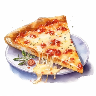 watercolor ultra realistic and hyper detailed illustration of a quattro formaggio pizza on a plate with gooey melted cheese, clipart, white background