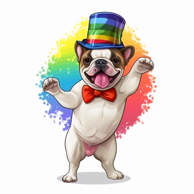 funny sticker, white background, french bulldog, funny dancing, funny rainbow hat, in style lgbtq, full body, clipart