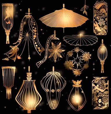 chinese lanterns set of gold vector cliparts, in the style of mystical and dreamy, japanese prints, onii kei, timeless artistry, dark gold, anime aesthetic, the stars art group (xing xing)