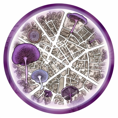 top-down view of a round scientific culture dish containing a simple map of a city block made with white fungal mycelium threads for the roads, a few major landmarks are small purple mushrooms, clean white background, iconic, clipart style, simple, cartoon, light colors, no grey