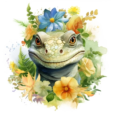 isolated clipart, cute reptile with flowers on its head, highly realistic, flickr, watercolorist, uhd image, multi-layered mixed media