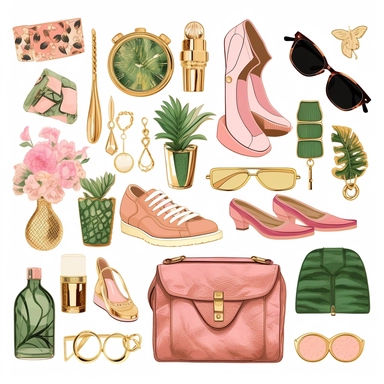 isolated Fashion accessories clipart, Fashion clipart, Fashion set clipart, Fashion Illustration, Bag clipart, Shoe clipart, Gold planner clipart, magenta, peach and green
