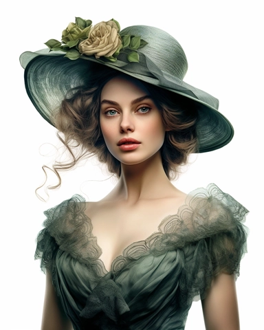 detailed beautiful lady facing me with vintage hat with sage roses dressed in a vintage dress, hyper realistic, 8k, isolated on white backgorund, clipart