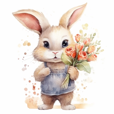 Watercolor bunny holding bouquet of wild flowers clipart, childlike innocence and charm, big and adorable eyes, cute and charming expression, funny and floppy ears, rosy cheeks, shy bunny, foreboding colors, valentines day themed, white background