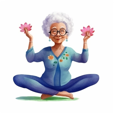 Cute Beautiful Funny grandmother practicing yoga Watercolor Sublimation Clipart,Cartoon, hyper realistic, intricate detail, illustration style,high solution,on the white background
