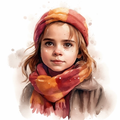 Emma Watson as Hermiona Granger from Harry Potter movie as a little girl, wearing Gryffindor scarf, detailed, watercolor, clipart, white background