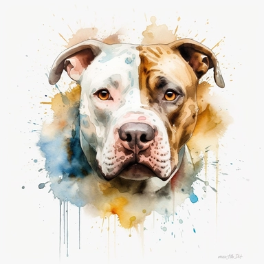 cute American Pit Bull Terrier dog portrait, full face, centered shot, side shot, dynamically posed, in action, playful mood, happy mood, playing mood, cute face, adorable smile, childlike eyes, clean watercolor illustration, white background, nursery baby imagery, painting, detailed, 8k, PNG, clipart,