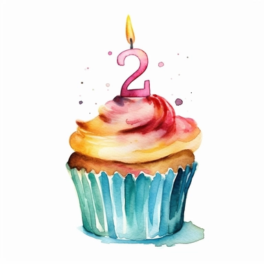watercolor clipart image, birthday cupcake with a number 2 candle, white background