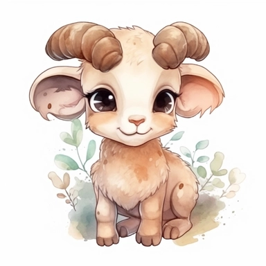 watercolor adorable kawaii baby bighorn sheep character kawaii, isolated, kawaii,digital art,detailed, concept,art,8k,hd,on white background,clipart