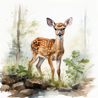 hyperrealistic ultra detailed watercolor clipart, woodland fawn scenery like in a children's book, white background, in the style of digital print, clipart, illustration, sticker, ultra high definition, rich details, 32K, HD