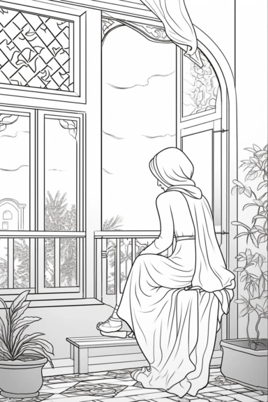 coloring page of a back view of a beautiful Hijabi girl, reading a book that covers her face while is sitting in her moroccan house and a window is open, no face is showing, muslim lady clipart, veiled woman clipart, coloring book page for teens, no text, clean and simple line art