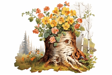 Vintage 1920 detailed Birch Tree Trunk With Flowers Illustration, Chromolithograph, Die Cut, 1920s Illustration, Vintage, Chromolithograph, Colorful, Antique, Ephemera, Clipart, 8k, Isolated on white