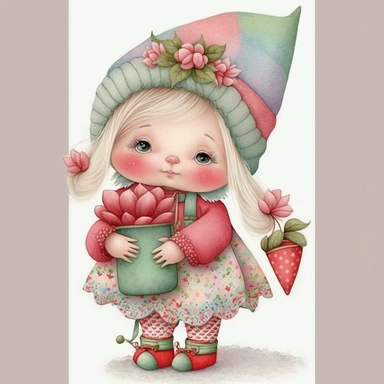 A cute Christmas girl elves doll girl pink and mint pastel clothing holding Christmas gift , Christmas, clipart, white background, 32k uhd, insanely detailed and sharp, flickr, plush doll art, soft faded colors, fairy tale watercolor art by Susan Wheeler, Thomas Kinkade and Marjolein Bastin