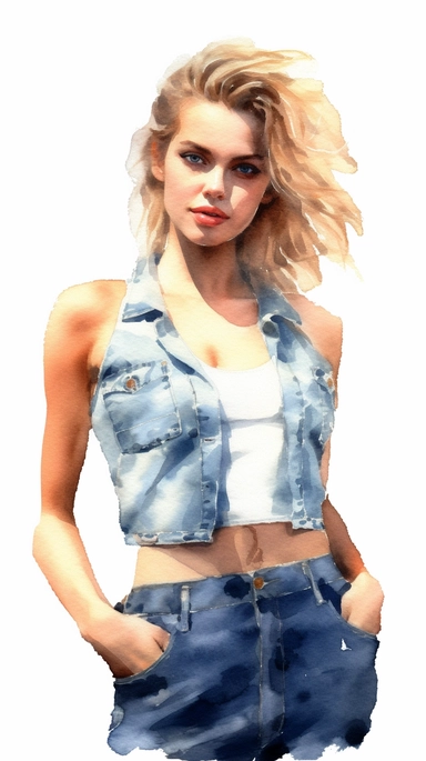 watercolor stylized clipart of a gorgeous french woman bombshell with very hairy unshaved armpits, wearing a white croptop and denim shorts, posing, epic light, chaotic,