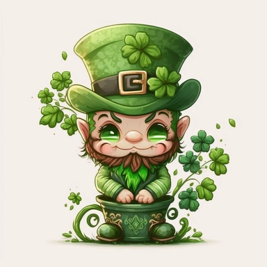 cute good mood dwarf smile wearing a green top hat St Patrick Day, clovers background, illustration, watercolor, chibi, 2d, icon, clipart, white background