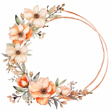 watercolor clipart of a empty suttle dainty floral round frame surrounded by peach color flowers and cream color flowers. Capture the essence of blooming beauty and intricate details in your artwork, white background