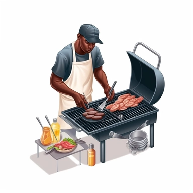 a 3D unrealistic image of a black man cooking on an outdoor grill dressed in summer clothes clipart, graphic vector, isolated on white background