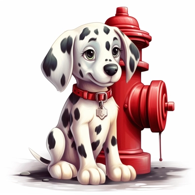 clipart of a cute dalmatian puppy sitting on the sidewalk next to a hydrant