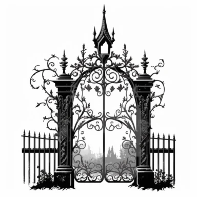 clipart, gothic, a black iron gate, isolated on white backround
