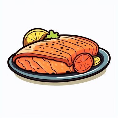 a dish of Grilled Salmon with Citrus Glaze on a round plate, cartoon clipart, vector, white background cartoon doodle line, thick outline, low detail, cute