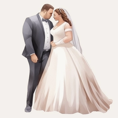 watercolor drawing, clipart, drawing, illustration of bride and groom, bride slightly overweight 198 lbs, groom thin 154 lbs, white suit, clipart, high resolution format, photorealistic, 3D. 4K