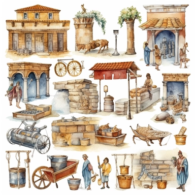 Watercolor roman bazaar with roman people shopping , illustrations clipart set, simple, , cartoon elements, different variants , iron elements, marble elements, separate elements with a margin